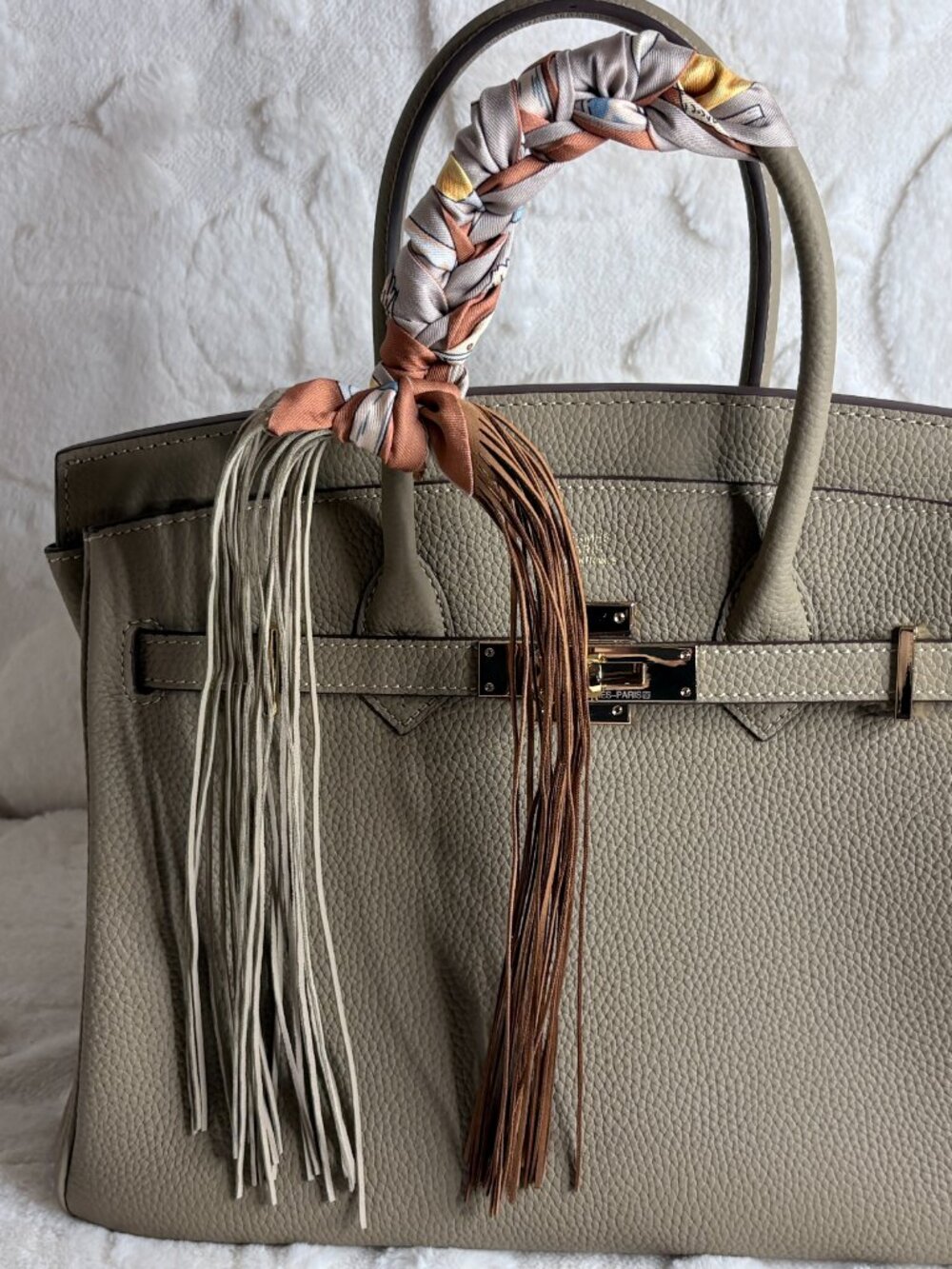 Trendy Fringe Handbag Wrap - Taupe and Rust Fringe
